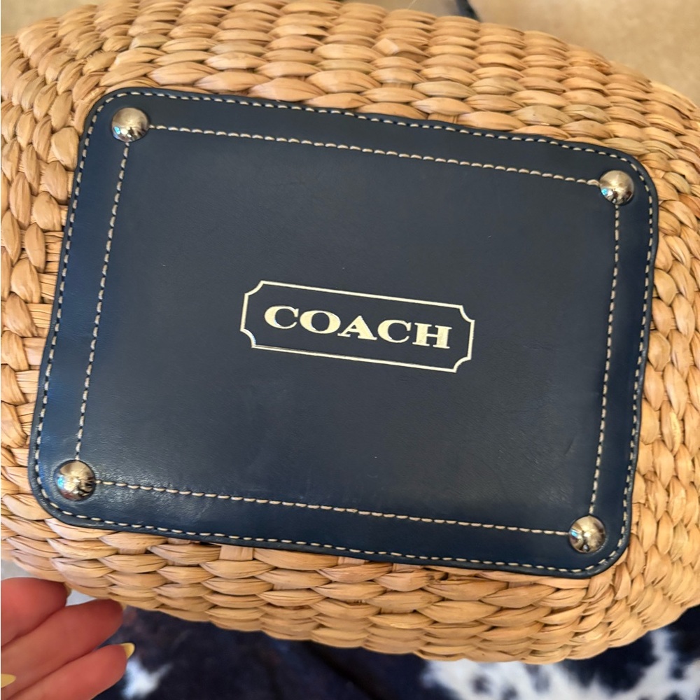 Woven Straw Tote with Navy Leather Trim - Picture 7 of 11